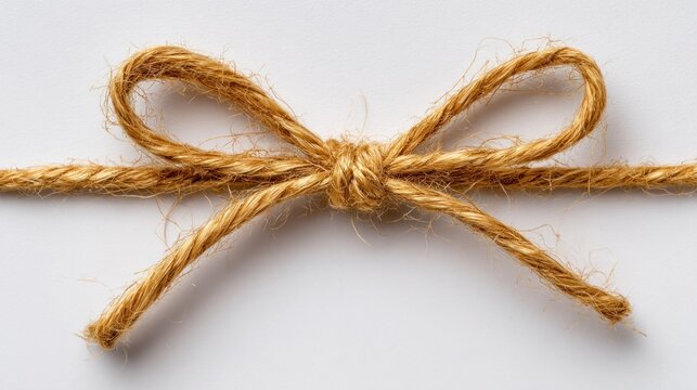 Delicate paper twine bow isolated white. For gift, decoration, ribbon, present, craft, elegant, packaging content.	