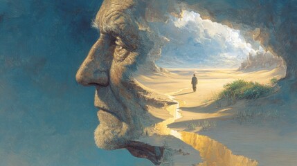 Surreal portrait man head landscape concept mental. For concept, surreal, art, mental health, psychology, imagination, creative, mind content.