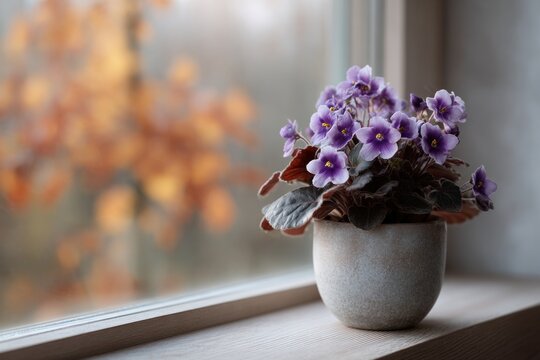 Purple African violet windowsill pot plant home. For home, decoration, plant, flower, indoor, nature, lifestyle content.
