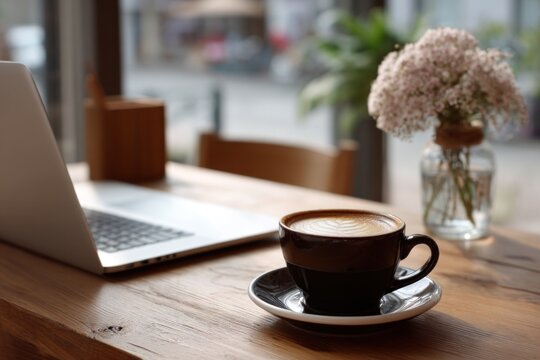 Coffee workplace laptop flowers laptop professional. For workspace, office, productivity, coffee, blogging, creative, freelance, startup content.