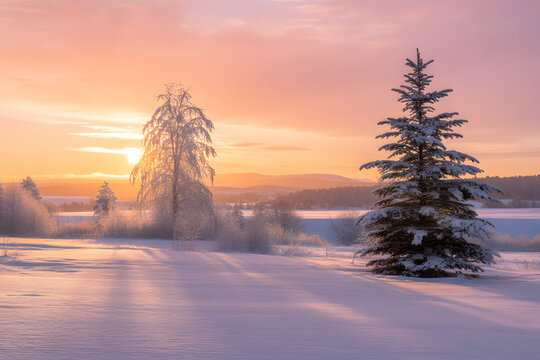 Snow covered evergreen trees and landscape bathed in soft golden sunrise light with pastel sky
