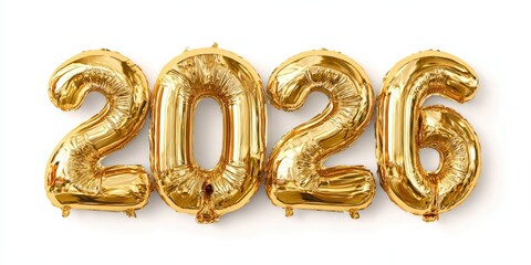 Golden foil balloons displaying the year 2026, ideal for celebratory events like New Year's Eve, anniversaries, or milestone parties, adding a vibrant touch to decorations and festive themes,