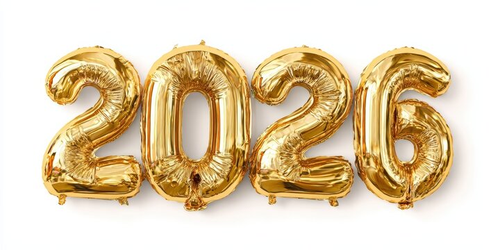 Golden foil balloons displaying the year 2026, ideal for celebratory events like New Year's Eve, anniversaries, or milestone parties, adding a vibrant touch to decorations and festive themes,