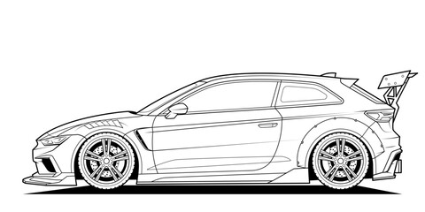 Black and white outline of a modified racing hatchback side view, wide body kit, big wheels and huge rear wing. Perfect for coloring pages, car design concepts. Isolated on white background