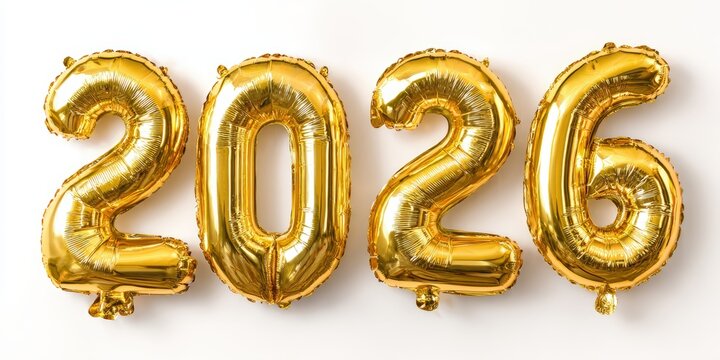 Shiny gold balloons reading 2026 perfect for New Year celebrations, parties, or milestone events, Ideal for promotional materials, invitations, and decorations,