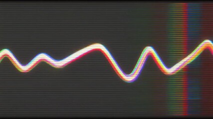 Abstract glowing wavy line with retro glitch effect on a dark grid background, resembling a vintage audio waveform. - Powered by Adobe