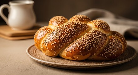 Traditional braided challah bread with sesame seeds on a plate and a white pitcher in the background
