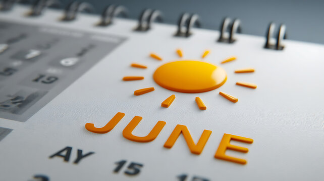 June calendar page featuring a raised sun icon and bold month lettering