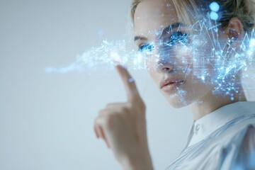 Digital Vision: A woman in a futuristic setting, her eye catching light digital pattern and glowing as if connected to advanced technology, embodying the future.
