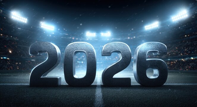 A dramatic scene featuring the year 2026 prominently displayed on a football field, perfect for sports event promotions, advertisements, and countdowns for upcoming tournaments or celebrations,
