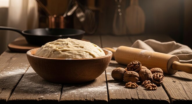 Fresh dough in wooden bowl with rolling pin walnuts and flour on rustic kitchen table baking ingredients and kitchen utensils background