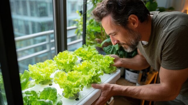 Man checking hydroponic lettuce system apartment balcony garden. For agriculture, hydroponics, urban farming, sustainable, gardening, technology, food content. - Powered by Adobe
