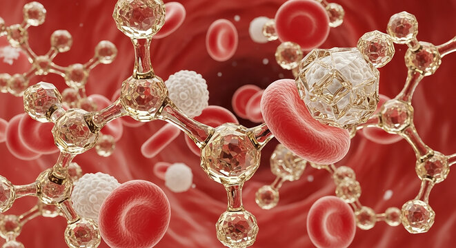 Nanorobots interacting with blood cells in bloodstream - Powered by Adobe