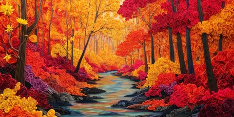 Vibrant Autumn Landscape in Paper Quilling Art Style Featuring Flowing River, Trees, and Colorful Foliage in Shades of Red, Orange, and Yellow