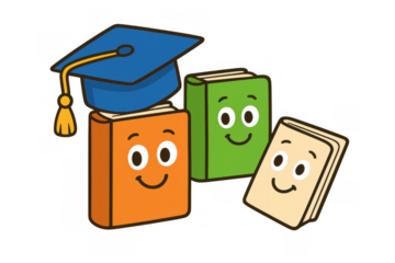 Happy cartoon books celebrating graduation, learning and knowledge for education success, transparent background