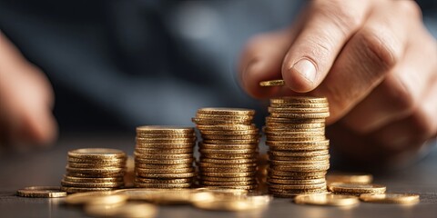 clean hands (focused action) stacking clean, simple gold coins or perfect currency bills into a perfect pyramid, symbolizing wealth accumulation and growth, investment, f