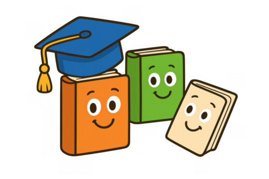 Happy cartoon books celebrating graduation, learning and knowledge for education success, transparent background