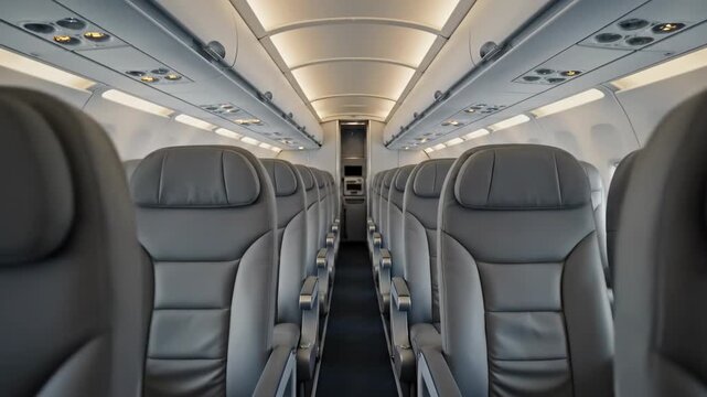 First person view moving backwards down the aisle of an empty modern airplane cabin with rows of comfortable leather seats, perfect for illustrating commercial flights and air travel