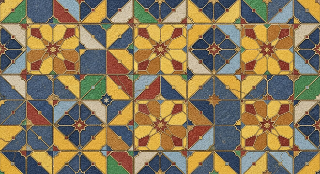 Ornate distressed moroccan tiles creating colorful mosaic pattern - Powered by Adobe