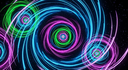 Neon glowing spiral lines creating abstract tunnel vortex motion