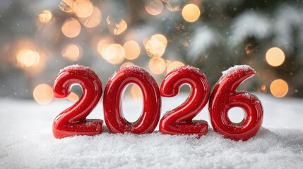 A festive display of the year 2026 in vibrant red digits, topped with snow, set against a blurred backdrop of soft lights, ideal for New Year celebrations, winter promotions, or holiday greetings,