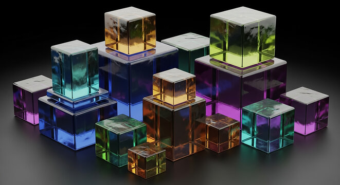 Colorful glass cubes reflecting light on dark background - Powered by Adobe