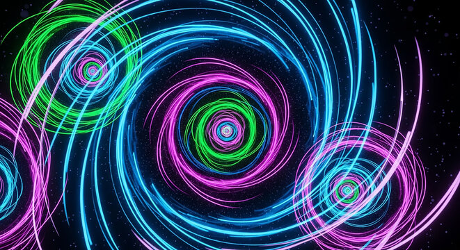 Neon glowing spiral lines creating abstract tunnel vortex motion - Powered by Adobe
