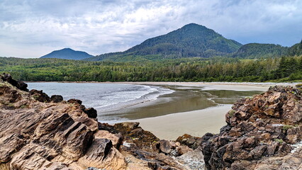 Secluded and very remote Bonanza Beach on the west coast of Graham Island in Haida Gwaii, British Columbia, Canada. One of the most beautiful sandy beaches on Haida Gwaii.