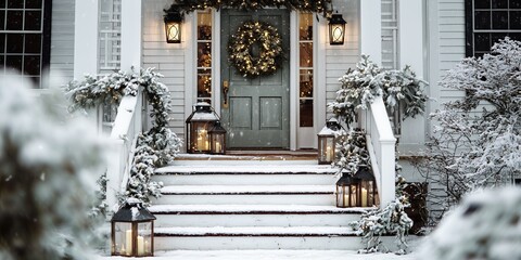 Snow-dusted porch steps lead to glowing wreath-lit door flanked by lantern candles and garland. Welcoming holiday entrance, enchanting winter homecoming vibe.