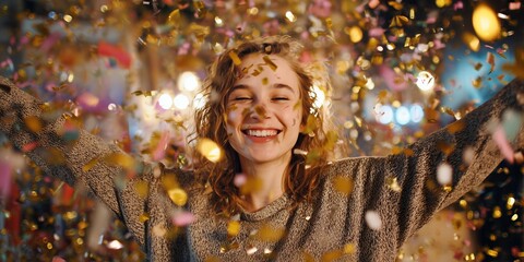 Girl winks laughing amid falling confetti under colorful party spotlights bokeh. Euphoric New Year celebration, wild midnight dance ecstasy vibe.