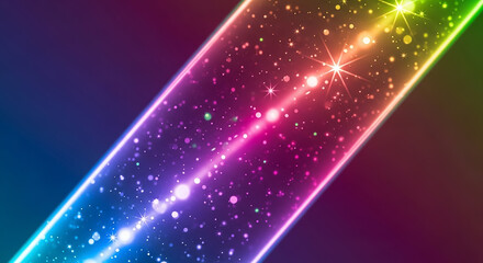 Rainbow light beam with sparkling particles background