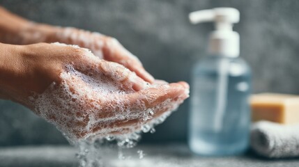Fototapeta premium Woman washing her hands with foam clean water soap hygiene care. For hygiene, health, cleaning, prevention, wellness, sanitation content.
