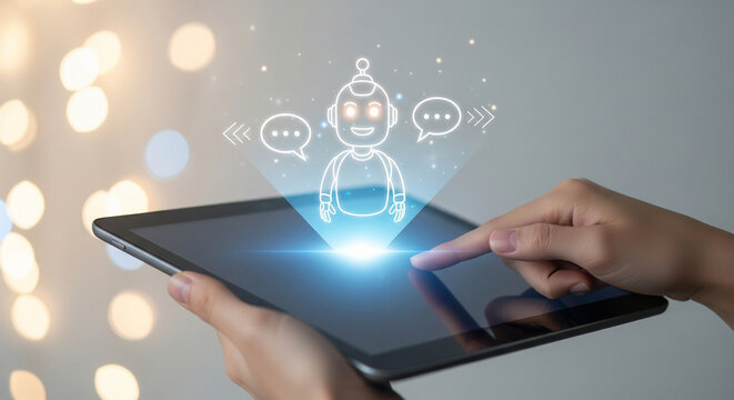 Digital AI Bot Hologram Technology Concept Projected from Tablet Screen for User Communication Assistant Business Solutions