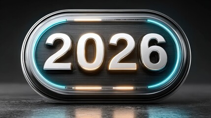 A futuristic design featuring the numeral 2026, highlighted with glowing blue and orange accents, This image is ideal for marketing future events, technology themes, or time-related concepts,