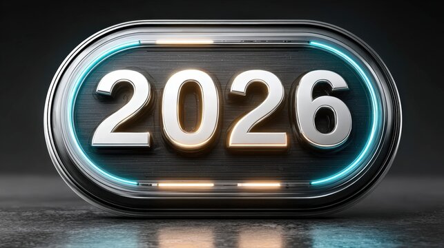 A futuristic design featuring the numeral 2026, highlighted with glowing blue and orange accents, This image is ideal for marketing future events, technology themes, or time-related concepts,