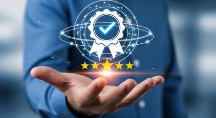 Five Star Rating Premium Quality Service Excellence Guarantee Certification and Highest Standard Digital Interface Hand Holding Concept