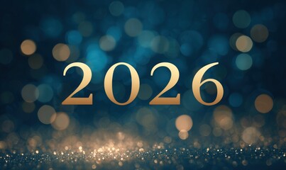 Bright and elegant backdrop featuring the year 2026 in gold against a blue bokeh background, ideal for New Year celebrations, event promotions, and thematic designs,