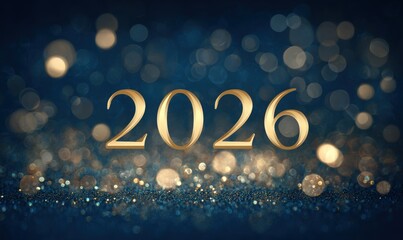 A stunning visual featuring the year 2026 in elegant gold font set against a backdrop of soft bokeh lights, ideal for New Year's celebrations, event promotions, or future planning themes,