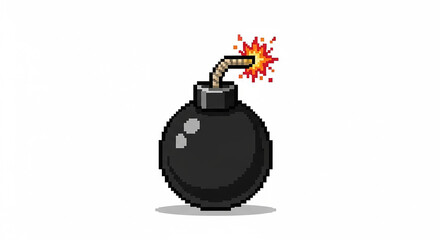 Retro 8 bit pixel art bomb with lit fuse explosion effect