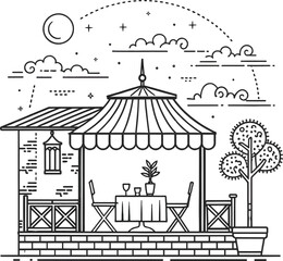 A vibrant vector illustration of a vintage circus tent marquee and carnival entertainment under a summer sky