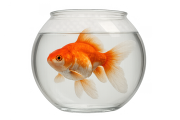 Goldfish swimming in a simple glass fishbowl against a transparent background, representing luck, pets, and aquatic life
