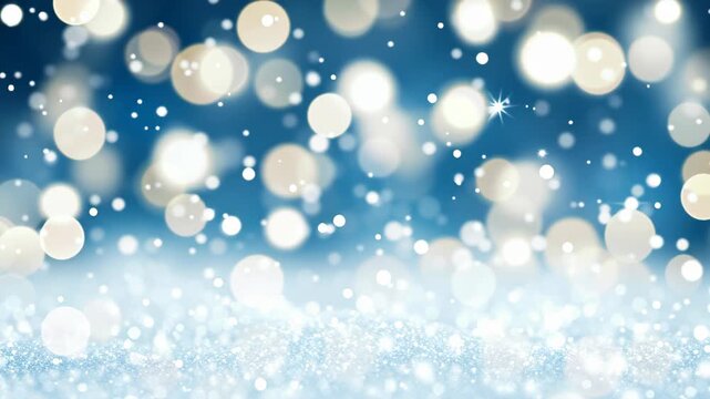 Festive winter background with falling snow and sparkling glitter. Abstract blue scene with golden bokeh lights for a Christmas or New Year celebration