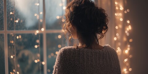 Woman in fuzzy sweater gazes at frosty window framed by warm fairy lights bokeh. Quiet winter reflection, cozy holiday anticipation vibe.