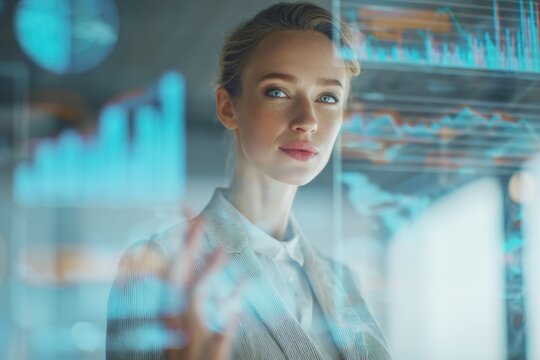 Visionary Analysis: A determined businesswoman with visionary eyes, surrounded by holographic displays of complex data, embodies the future of business intelligence and innovation.