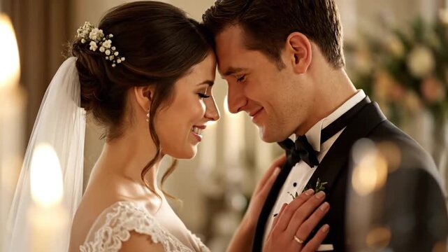 Happy bride and groom sharing a tender, intimate moment on their wedding day