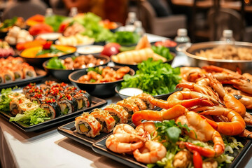Obraz premium Buffet in a sushi restaurant. Delicious seafood and greens