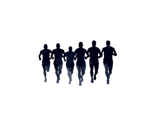 Obraz premium PNF of A group of diverse runners in motion, silhouetted against a dark backdrop, embodying determination and teamwork.