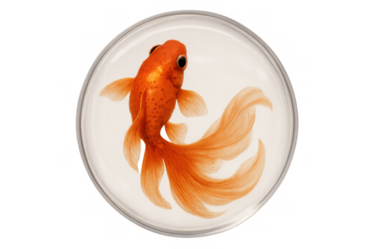 Goldfish swimming in glass bowl, representing confinement, isolation, pet ownership, and aquatic life on transparent background