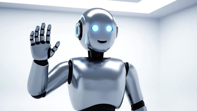 A friendly silver robot with glowing blue details waves hello in a white room