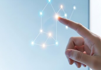 Closeup of a finger touching a glowing network of interconnected nodes on a futuristic digital interface, representing technology and data